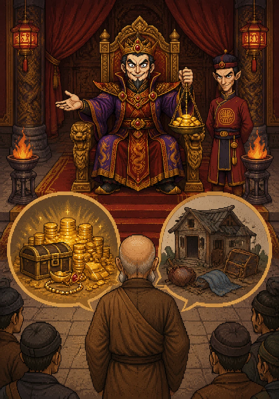 The King announces a grand 'Challenge of Wisdom,' promising ten thousand gold pieces to anyone who can read a text he cannot repeat. However, the trap is set: anyone who fails the challenge must forfeit their entire estate and all their worldly possessions to the crown.