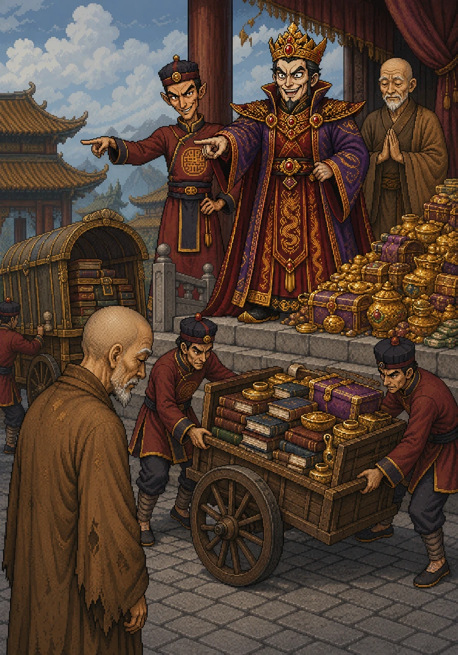 The Grand Minister and the King follow suit, repeating the scholar's words with mocking ease to prove the work wasn't 'new.' The scholar watches in despair as royal guards seize his carriage full of gold and books, adding to the King’s growing mountain of stolen wealth.