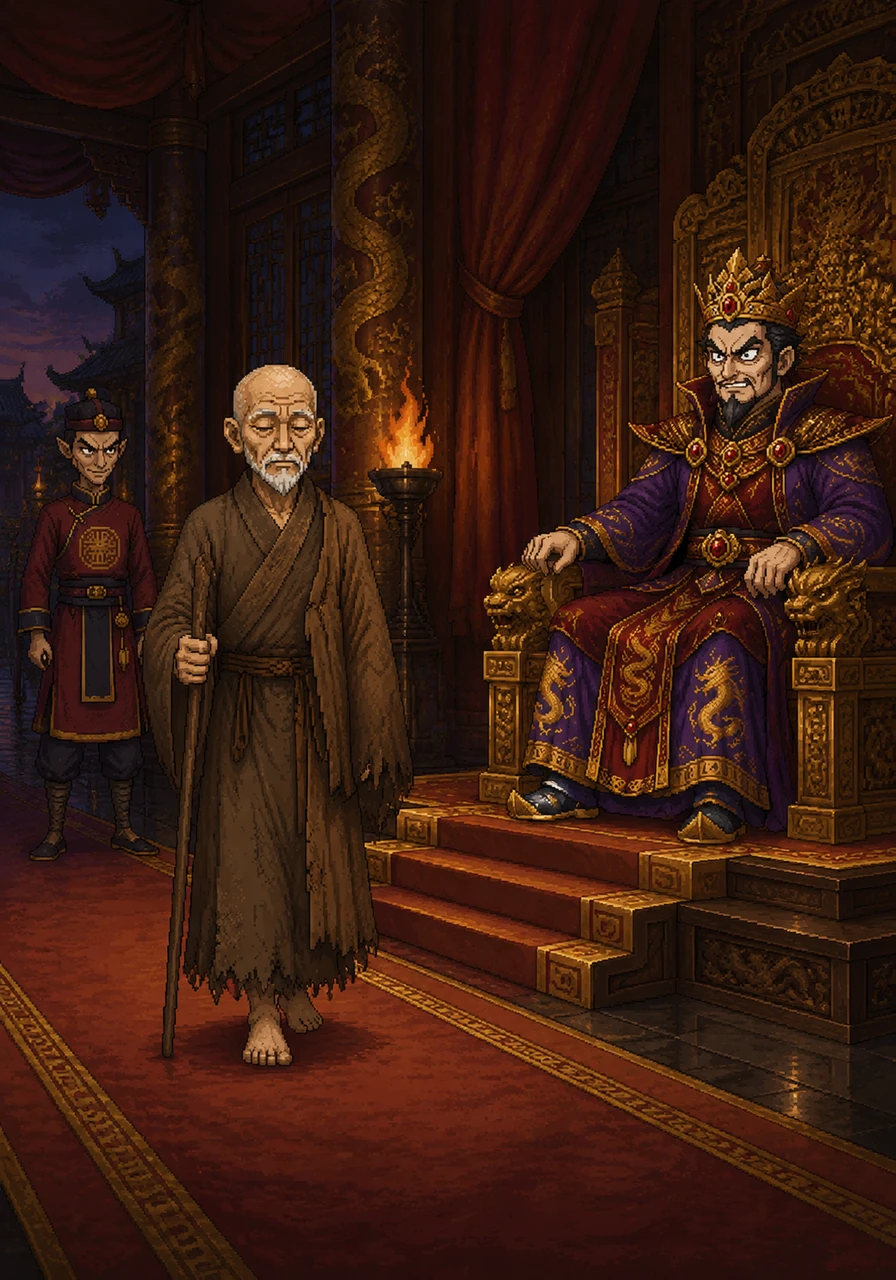 One evening, a Zen master dressed in simple, tattered hemp robes walks calmly into the oppressive silence of the royal court. He carries no scrolls or gold, only a wooden staff and a peaceful expression that seems to unsettle the arrogant King.