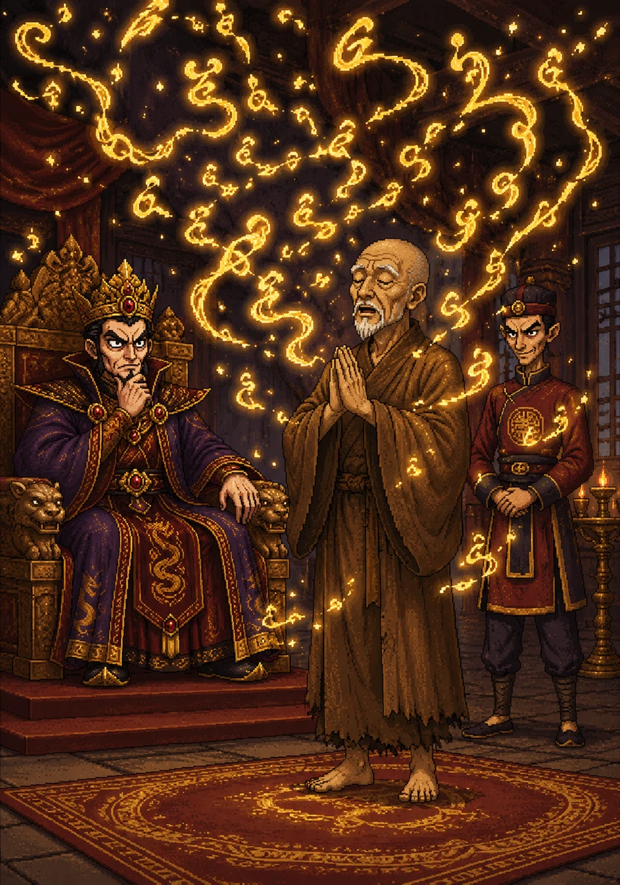 The Zen master begins to chant a paradoxical verse about the nature of the mind, his voice echoing like a distant temple bell. As he speaks, glowing golden letters emerge from the air, swirling and dancing in a chaotic, shimmering matrix that defies any linear pattern or logical order.