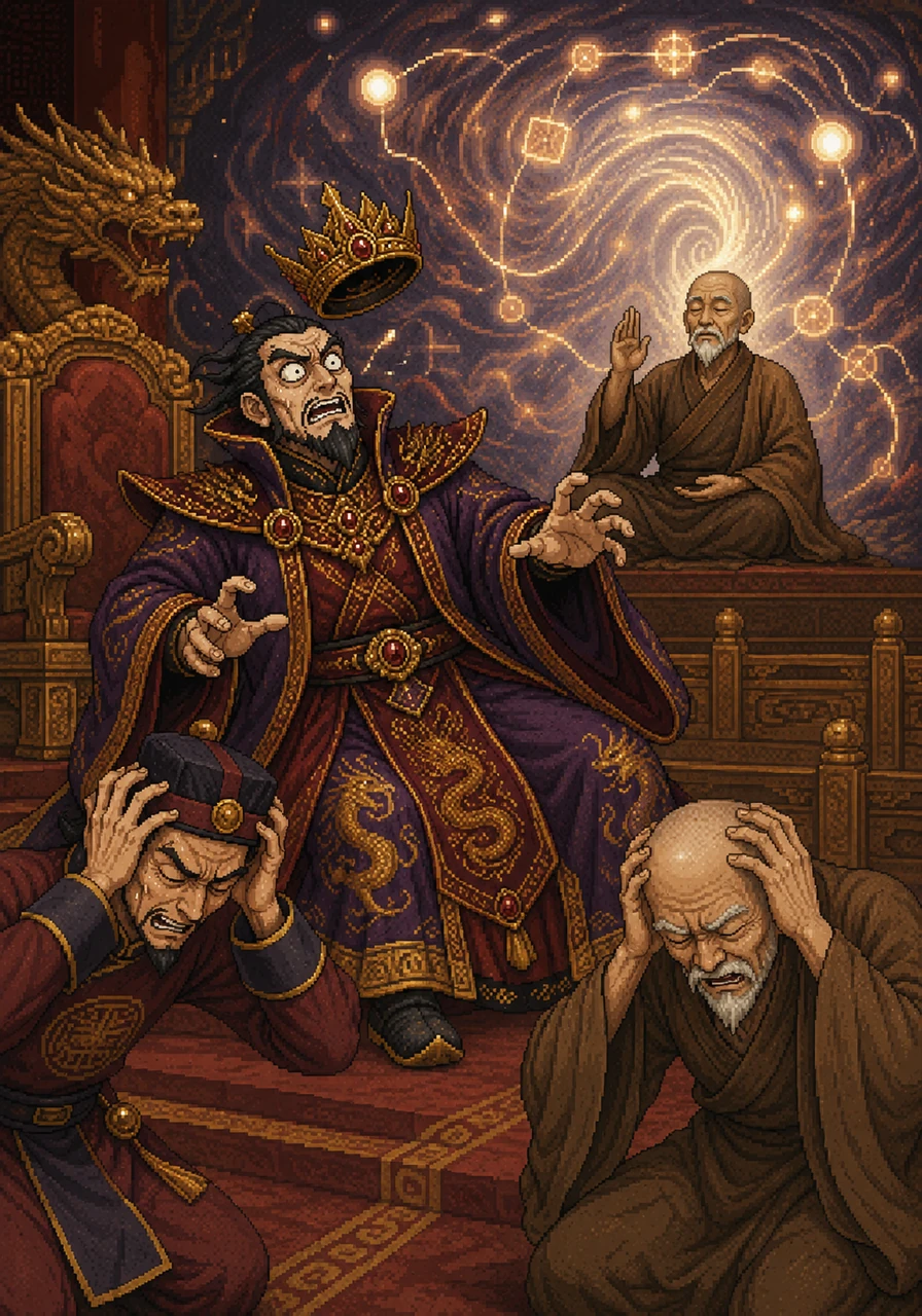The guard and the Minister clutch their heads in agony, their faces contorted as they try to record the shifting, non-linear wisdom that refuses to be stored. King Malakor pales and trembles, his crown slipping from his head as the mechanical logic of his mind shatters against the infinite depth of the master's words.