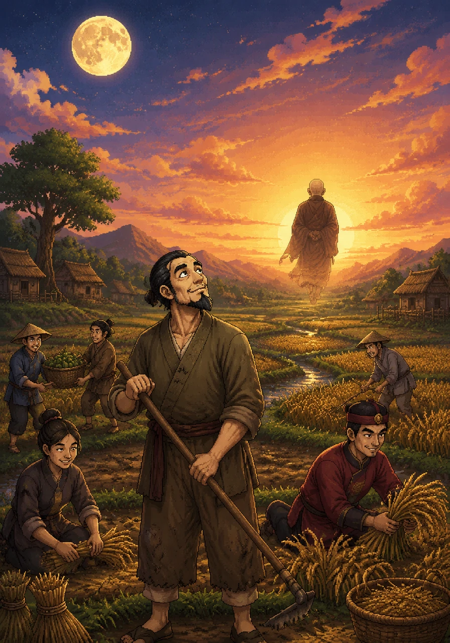 Years later, a humble man in plain clothes works joyfully in the village fields alongside his former subjects, having returned all the stolen riches. As the Zen master vanishes into the golden sunset, the former King looks up at the sky, finally understanding that while memory is a passing cloud, true wisdom is the bright, eternal moon.