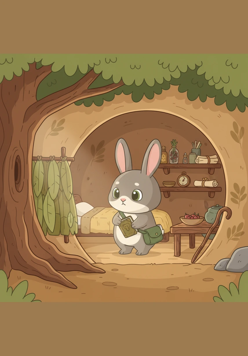 In a peaceful and sun-dappled forest, a small rabbit named Nico wakes up in his tidy burrow. He prepares for his day with quiet focus, surrounded by the soft morning light and the gentle rustle of leaves.