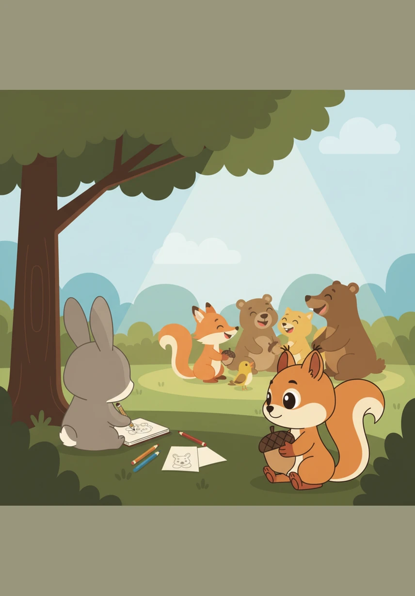 While taking a short break, Lila notices Nico working diligently all by himself in a shaded area. While everyone else is socializing and laughing together, she sees the solitary rabbit focused entirely on his work.