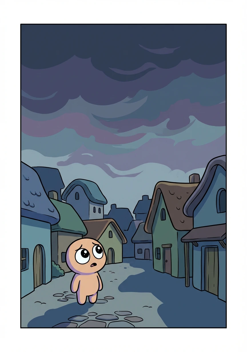 However, one morning, something unusual happened. The village was gloomy. The sky stayed dark. No golden glow bursting through the clouds. No gentle warmth. Just quiet, sleepy shadows.