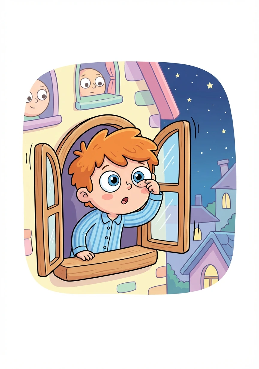 As windows creaked open, faces peeked out. Little Pip, a boy known for his bright spirit, rubbed his eyes in confusion. 'Why is it still night?' he wondered aloud.
