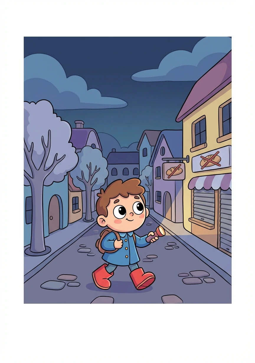 Pip decided to investigate. He put on his boots and ventured out into the unusually dark village. The birds were silent, and the bakery was closed.