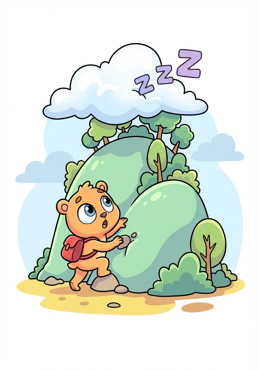 He walked towards the highest hill, hoping to get a better view. As he climbed, he noticed a faint, snoring sound coming from above.