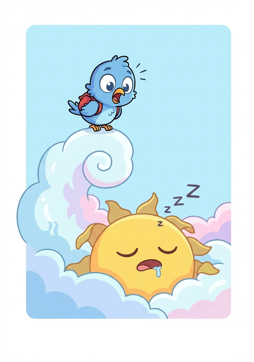 Reaching the top, Pip gasped. There, nestled amongst the clouds, was the Sun, fast asleep and snoring loudly! Its golden rays were dimmed.