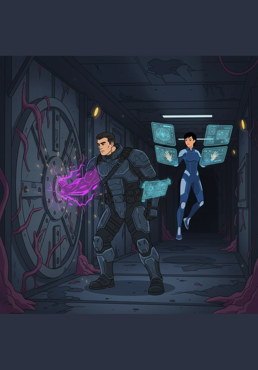 Inside the Aethelgard, the walls bleed a pulsating violet fluid known as Neon-Marrow. The substance illuminates the dark corridors with an eerie, rhythmic glow that seems to beat like a heart. Jax scans the liquid with his goggles, his face reflecting the intense neon light as the air hums with strange, ancient energy.