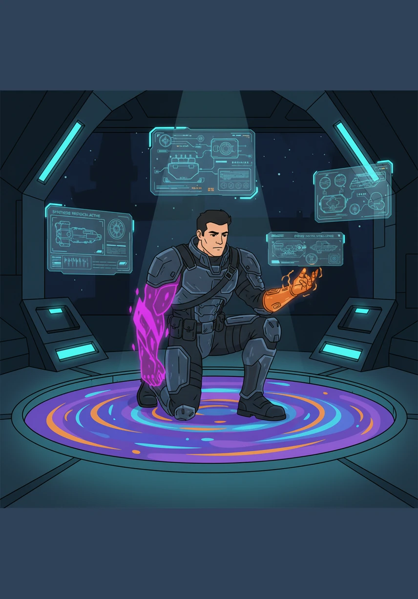 Kael reaches out to touch a concentrated pool of the marrow, and the energy surges through his prosthetic limb. His mechanical arm shatters, replaced instantly by a translucent, violet energy arm that crackles with cosmic power. He looks at his new limb in awe, feeling the weight of the entire universe flowing through his veins.