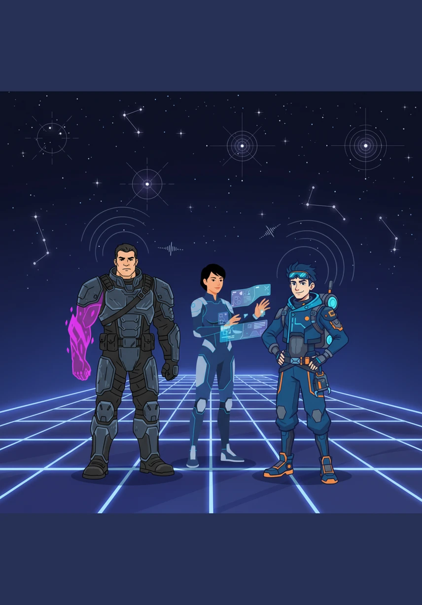 Suddenly, the metallic floor of the ship shifts and expands, transforming into a vast, glowing grid of squares that stretches into the horizon. The stars above align into geometric patterns, and a booming voice echoes through the vacuum, announcing the start of the game. The scavengers realize they are no longer in a ship, but on a cosmic board.