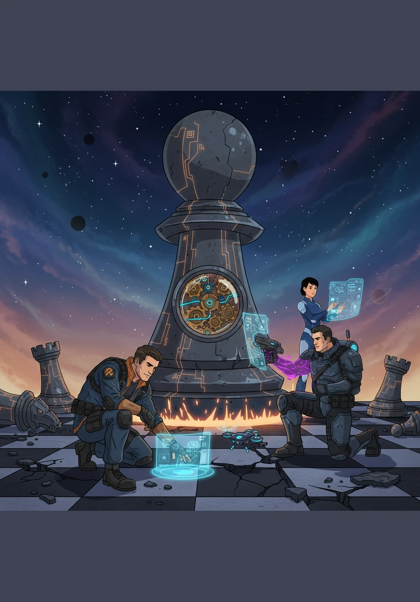A colossal mechanical pawn, forged from dark iron and glowing circuitry, descends onto a nearby square with a bone-shaking thud. Kael raises his cosmic arm to deflect a beam of pure energy while Mira frantically calculates their next move on a holographic interface. They must play by the rules or be crushed by the massive sentinel.