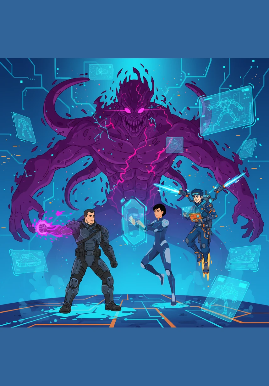 From the digital clouds emerges a corrupted dragon, its body a glitching mess of scales and code that breathes fire made of static. The beast roars, tearing through the fabric of the game board with its claws. Kael stands his ground, his violet arm glowing brighter as he prepares to strike at the heart of the anomaly.