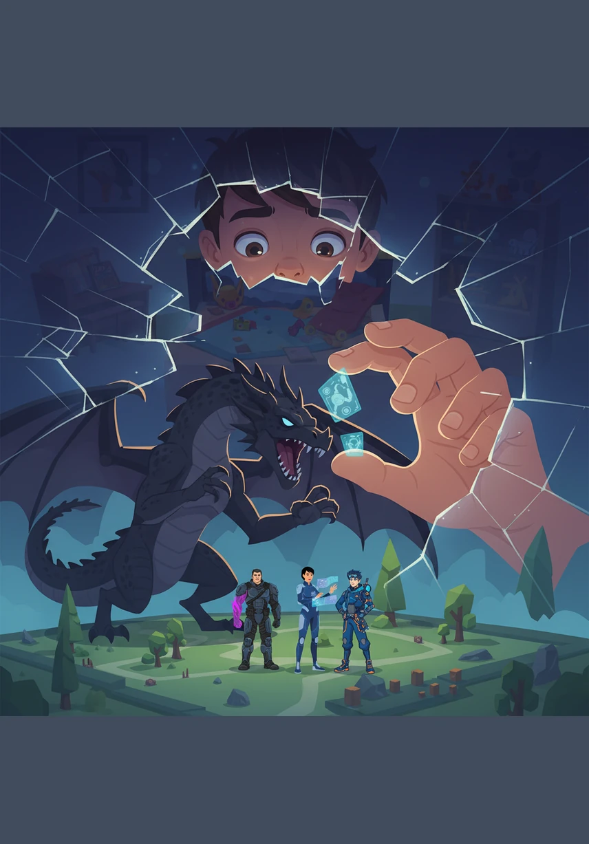 Just as the dragon prepares to strike, the sky above begins to crack like glass, revealing a pair of colossal, curious eyes peering down from a bedroom. Giant children, larger than planets, look over the game board with boredom, their hands reaching down to move the pieces. The scavengers realize their entire reality is merely a toy in a higher dimension.