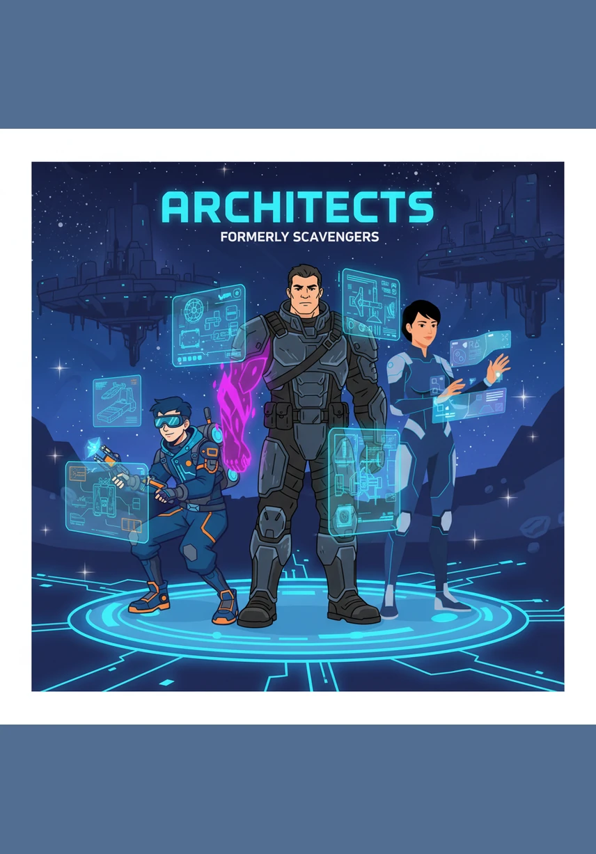 Refusing to be pawns, the three scavengers join hands and channel Kael’s cosmic energy to rewrite the rules of the game. They ascend into a throne room of infinite mirrors, their forms shimmering as they transcend their mortal shells. They shed their roles as players and become the Architects, seizing control of the fractal reality.