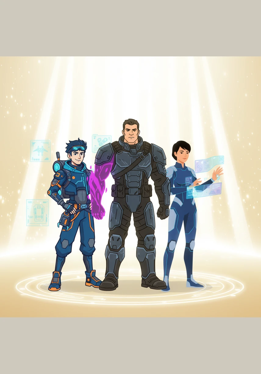 In a new expanse of pure light, Kael, Mira, and Jax roll a pair of glowing, multi-sided dice to forge a brand-new universe. Planets and stars bloom from the impact of the dice, creating a realm where no one is forced to play a predetermined game. They stand at the center of creation, ready to start a campaign where they define their own destiny.