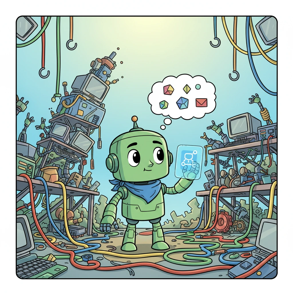 Bytey the Builder Bot had a big dream: to create the most amazing app ever! But his current workshop was a tangled mess of wires and wobbly parts, making it hard to build anything new. He longed for a simpler, tidier way to make his app dreams come true.
