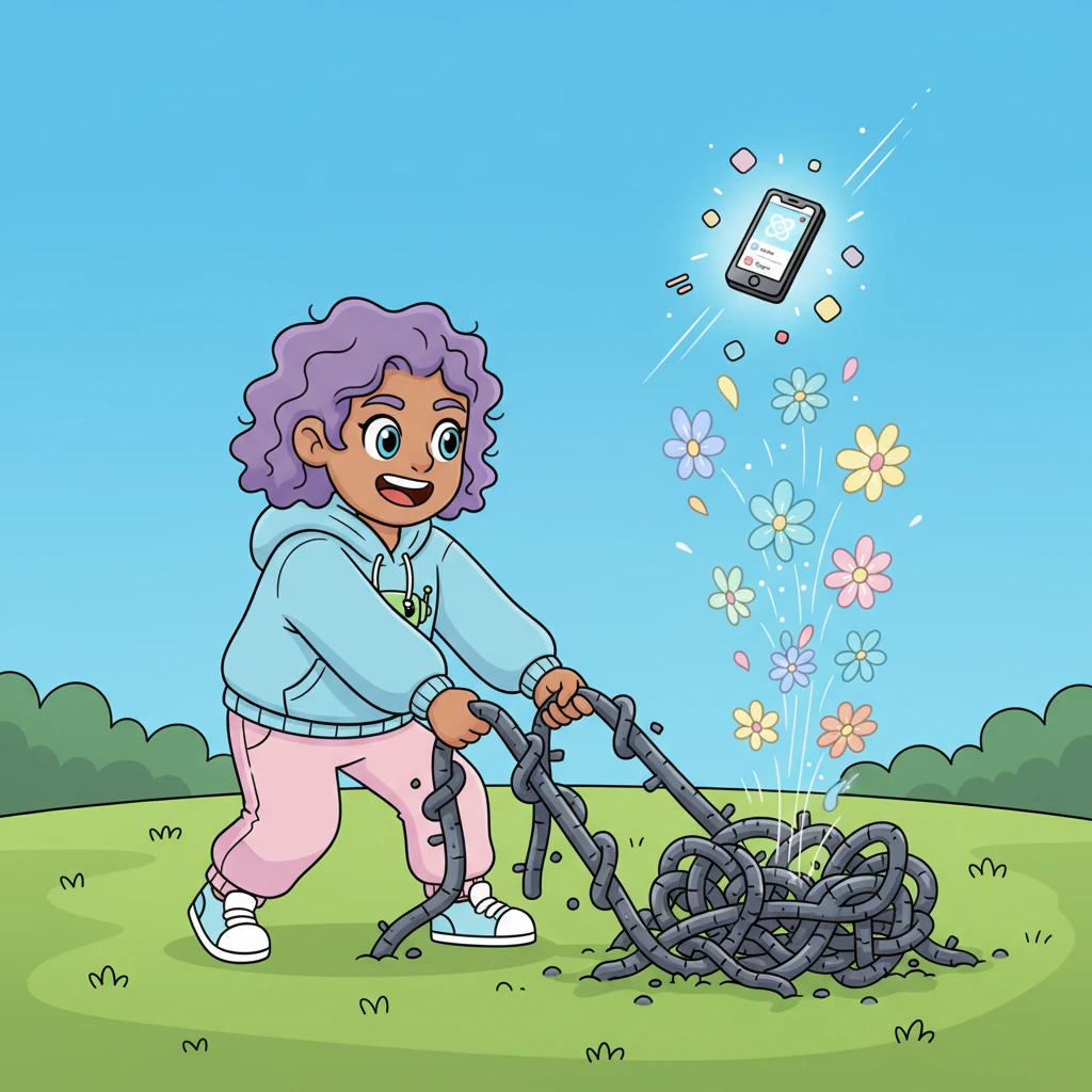 Bytey learned to spot 'tricky tangled vines' that didn't belong in the tidy meadow. With a gentle tug, he removed the heavy, clunky vines, replacing them with light, airy 'Expo-friendly flowers.' His app became much lighter and faster, soaring with newfound freedom!