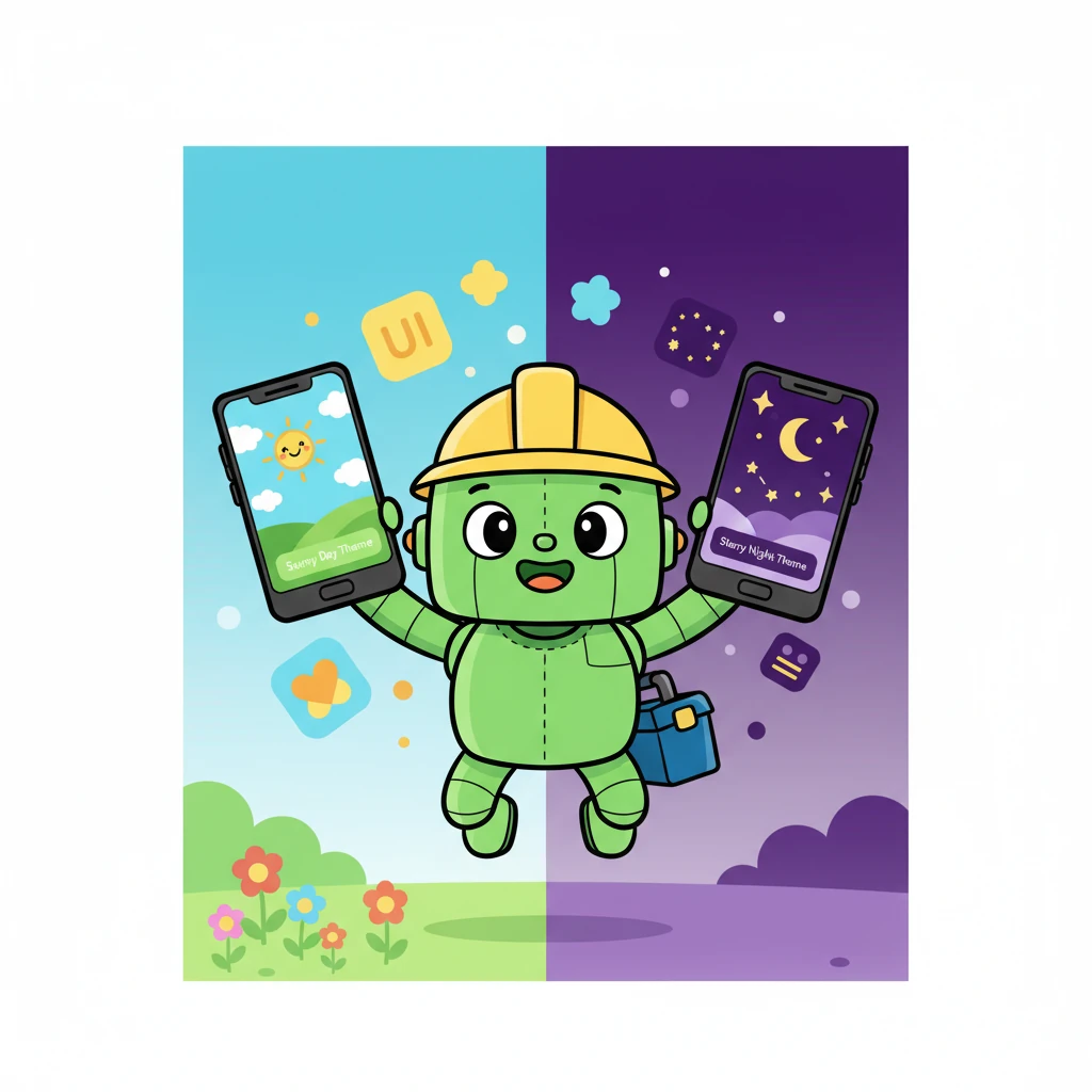 With a flick of a switch, Bytey could change his app's entire look! He created a bright 'Sunny Day Theme' with cheerful greens and blues, and a cozy 'Starry Night Theme' with calming purples. His app was beautiful day and night!