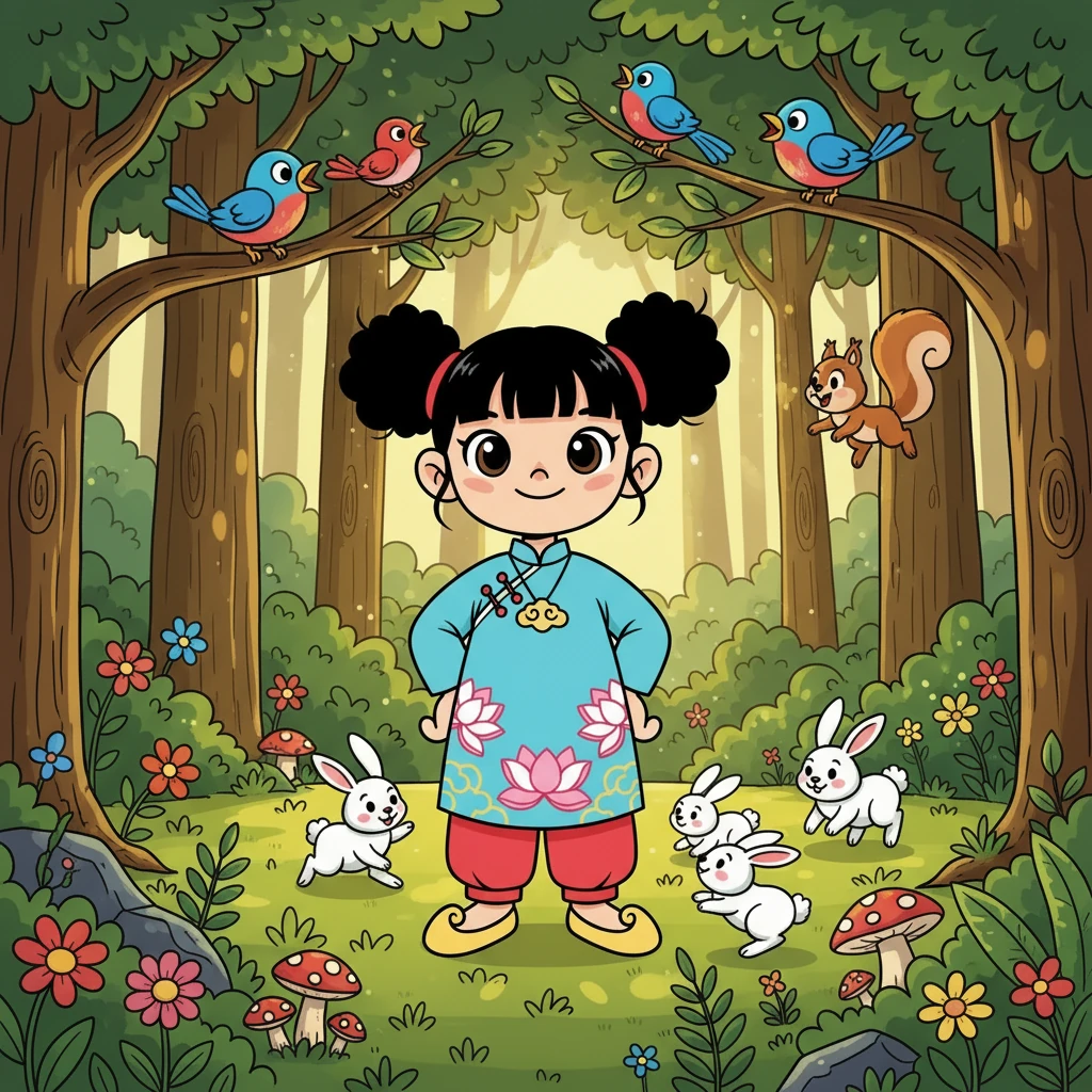 Trong khu rừng xanh thẳm, ánh nắng len lỏi qua những tán lá, chiếu sáng xuống một thế giới đầy màu sắc. Những chú chim hót líu lo, sóc chuyền cành, và thỏ con vui vẻ nô đùa. Đây là ngôi nhà của rất nhiều loài vật.