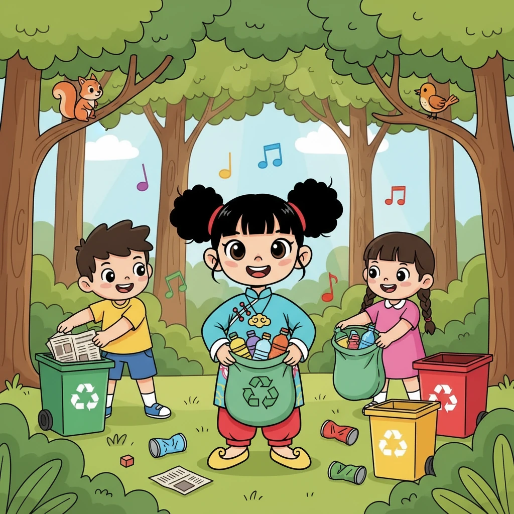 Mai và các bạn bắt đầu thu gom rác, phân loại chúng để tái chế. Các em cùng nhau làm sạch khu rừng, vừa làm vừa hát những bài hát về môi trường.