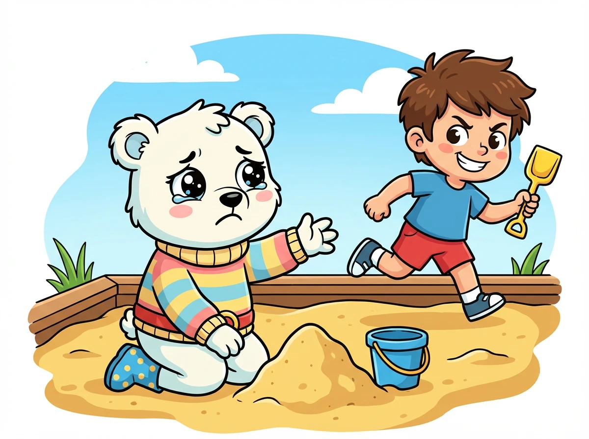 Pola bawi się w piaskownicy, ale inny chłopiec zabiera jej łopatkę bez pytania. Pola czuje złość i smutek, ale nie wie, co zrobić.