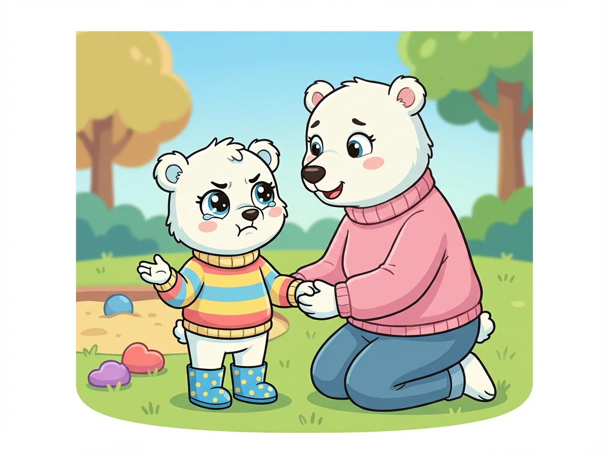 Pola podchodzi do swojej mamy i mówi: 'Ten chłopiec zabrał mi łopatkę i jestem zła'. Mama słucha uważnie i tłumaczy Poli, że ma prawo mówić 'nie', kiedy ktoś robi coś, co jej się nie podoba.