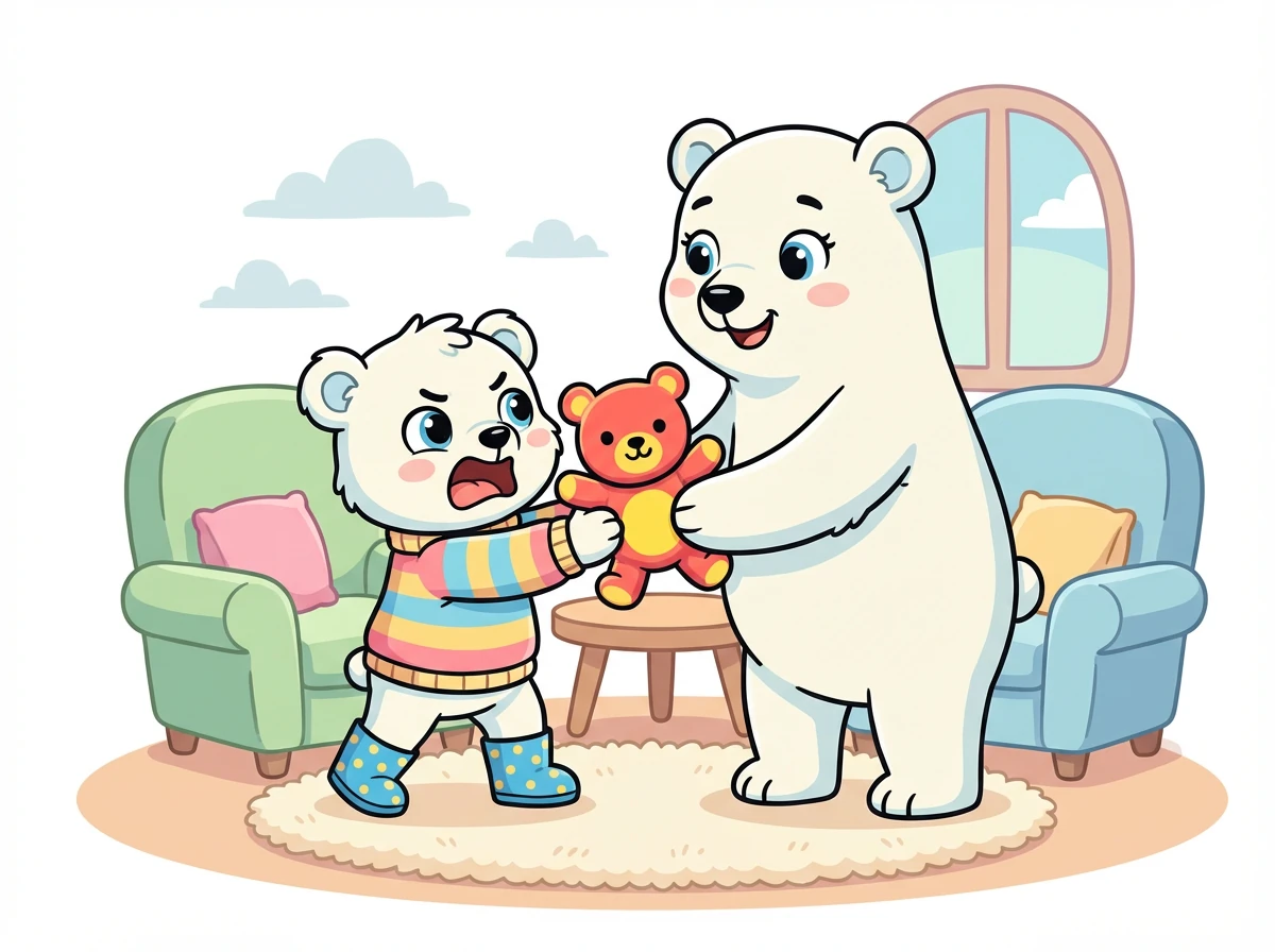 Mama Poli pomaga jej ćwiczyć mówienie 'nie'. Pola udaje, że ktoś zabiera jej zabawkę i mówi głośno: 'Nie, proszę, oddaj mi to!'.