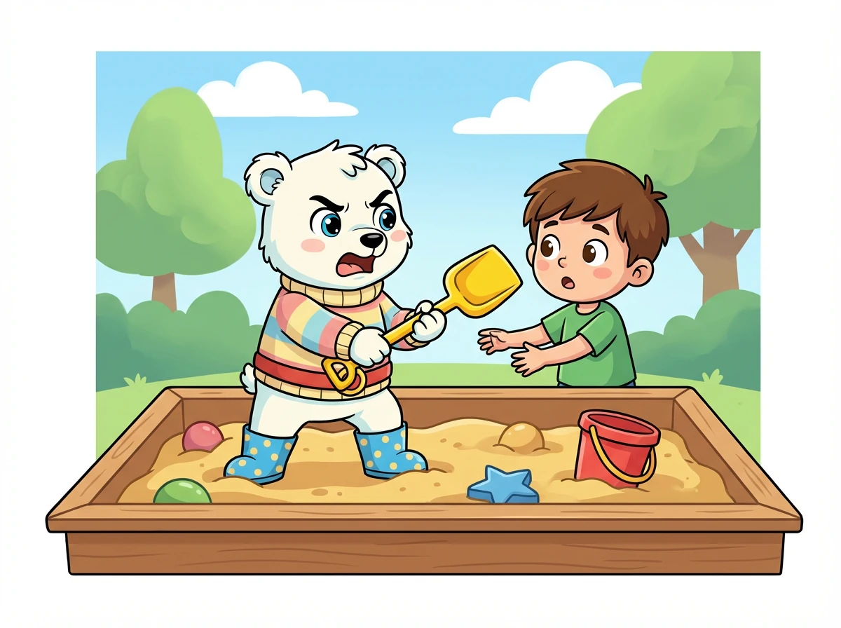 Następnego dnia w piaskownicy chłopiec znowu próbuje zabrać Poli łopatkę. Tym razem Pola odważnie mówi: 'Nie, to moja łopatka. Proszę, oddaj mi ją'.