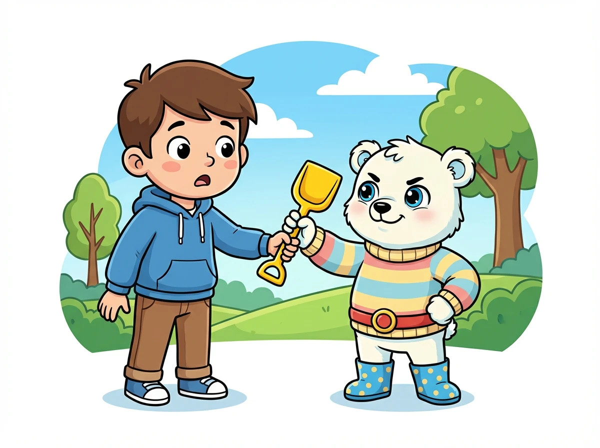 Chłopiec jest zaskoczony, ale oddaje łopatkę Poli. Pola czuje się silna i dumna z siebie, że potrafiła postawić granicę.