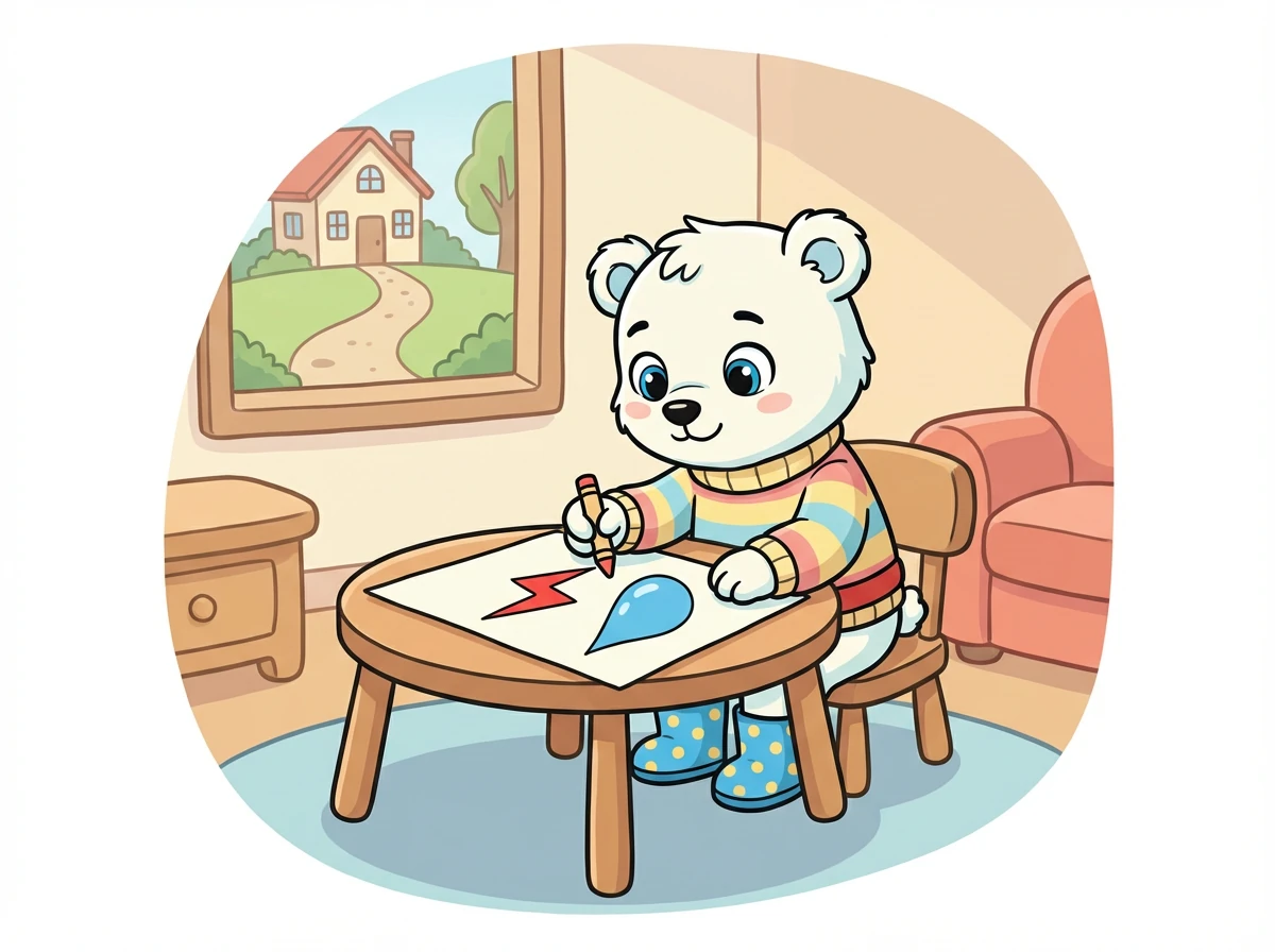 Pola idzie do domu i rysuje obrazek swoich emocji. Rysuje złość jako czerwony piorun, a smutek jako niebieską kroplę.