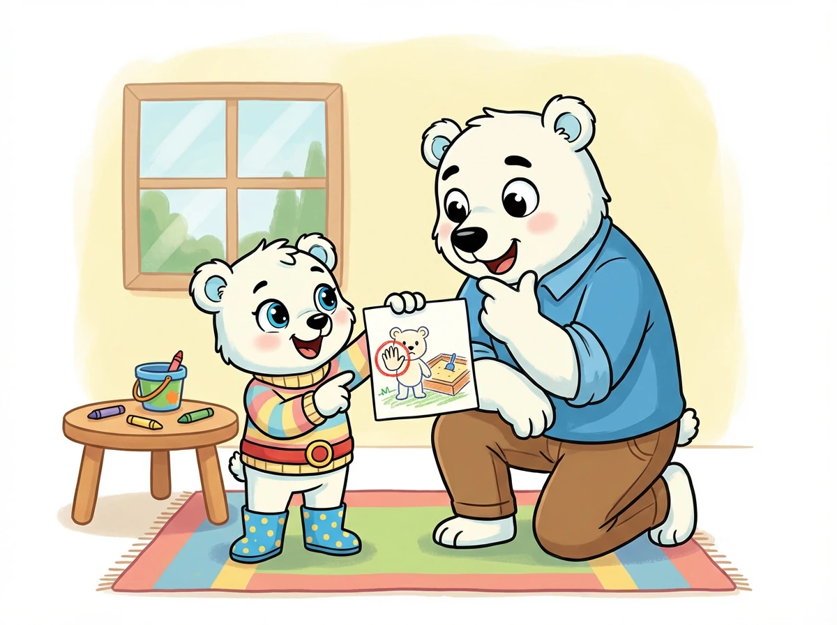 Tata Poli widzi rysunek i pyta: 'Co to znaczy?'. Pola opowiada mu o tym, co się wydarzyło w piaskownicy i o tym, jak nauczyła się stawiać granice.