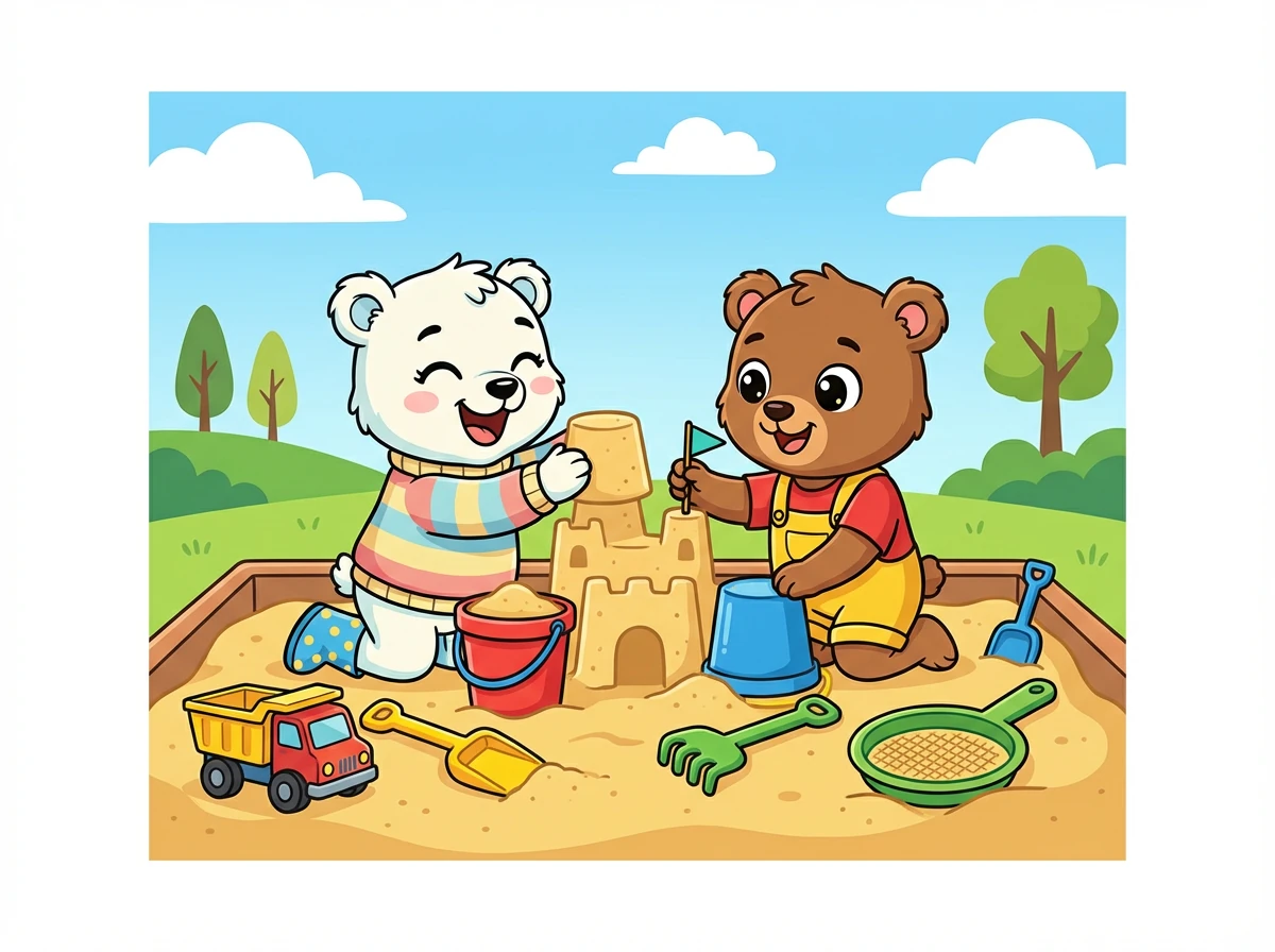 Pola bawi się w piaskownicy z nowym kolegą. Razem budują zamek z piasku i dzielą się zabawkami. Pola jest szczęśliwa i wie, że stawianie granic jest ważne, ale dzielenie się też sprawia radość.