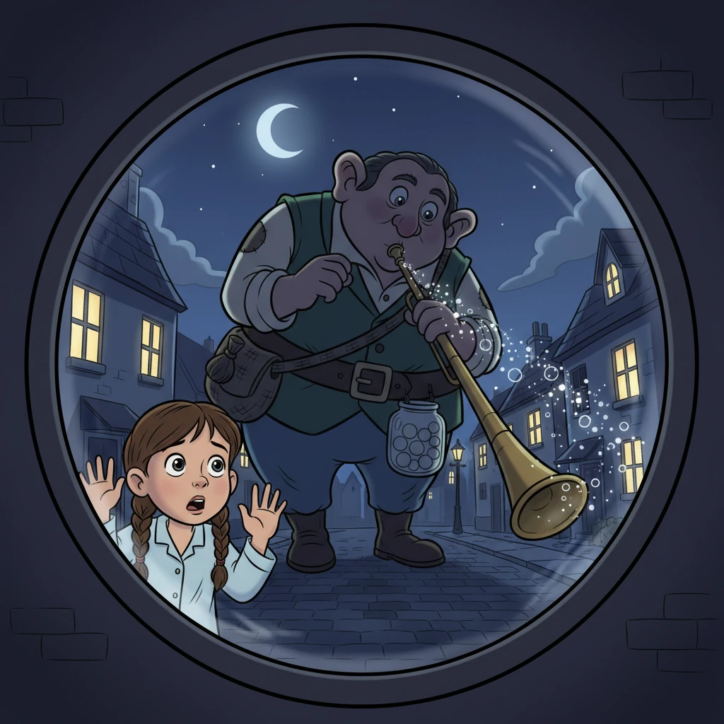 One lonely, witching hour, little Sophie lay awake in her orphanage bed. Peeking through the window, she saw a sight that made her heart thump: a colossal, shadowy figure with enormous ears tiptoeing down the street, blowing something into children's windows.
