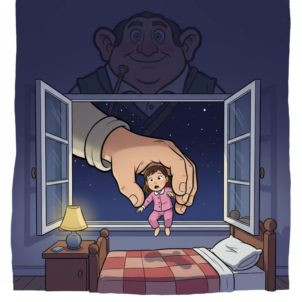 Suddenly, a giant hand reached through her window, startling Sophie! Before she could even gasp, she was gently scooped up from her bed, pajamas and all, and whisked away into the night by the enormous, mysterious figure.