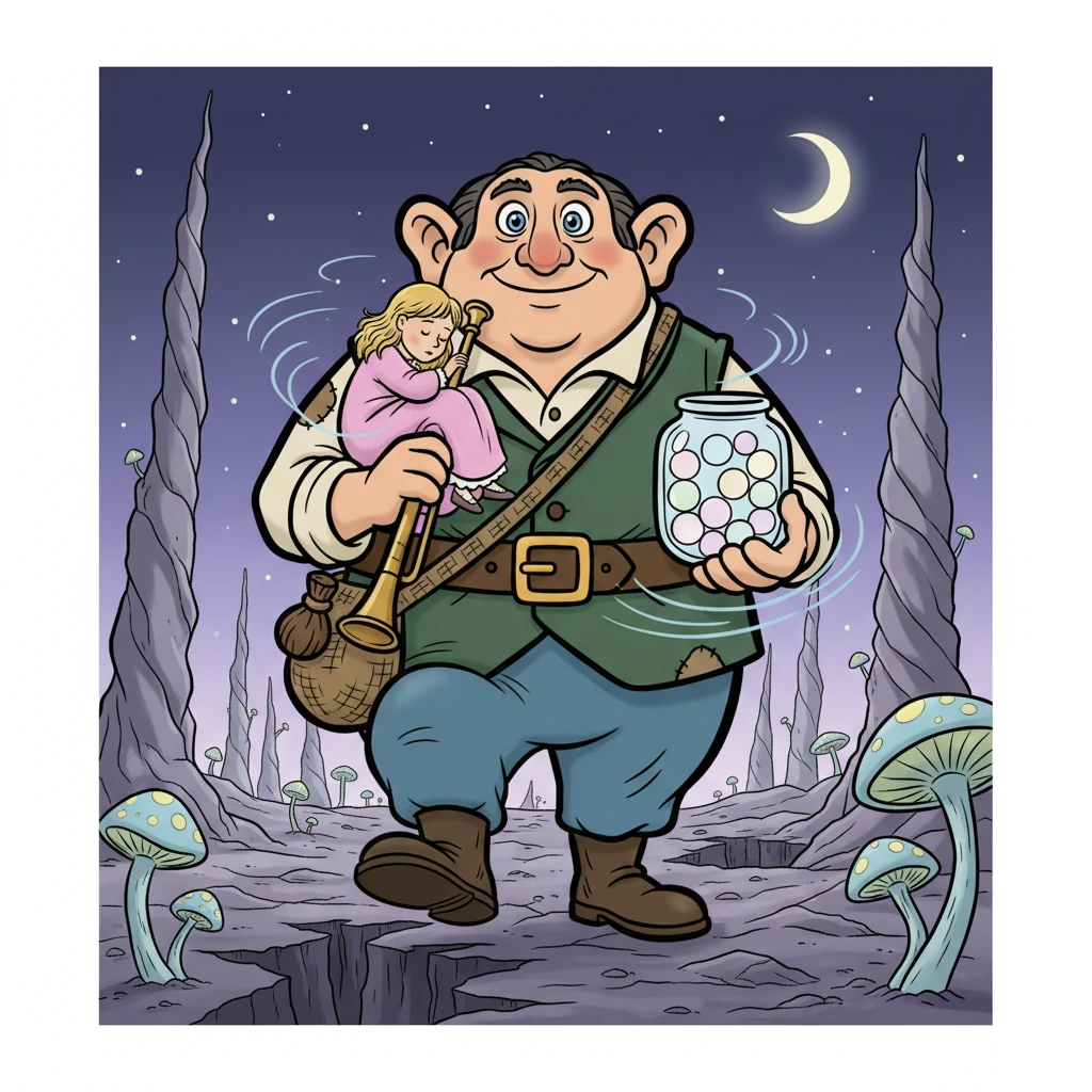 Sophie was carried far across the land, feeling the wind rush past her. They finally arrived in a strange, desolate place known as Giant Country, a land of peculiar landscapes and eerie silence, far from any human home.