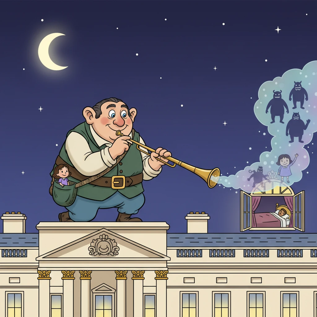 Under the cover of darkness, the BFG carried Sophie to Buckingham Palace. He carefully blew a special dream into the Queen's bedroom, a dream that told her all about the horrid giants and Sophie's incredible story.