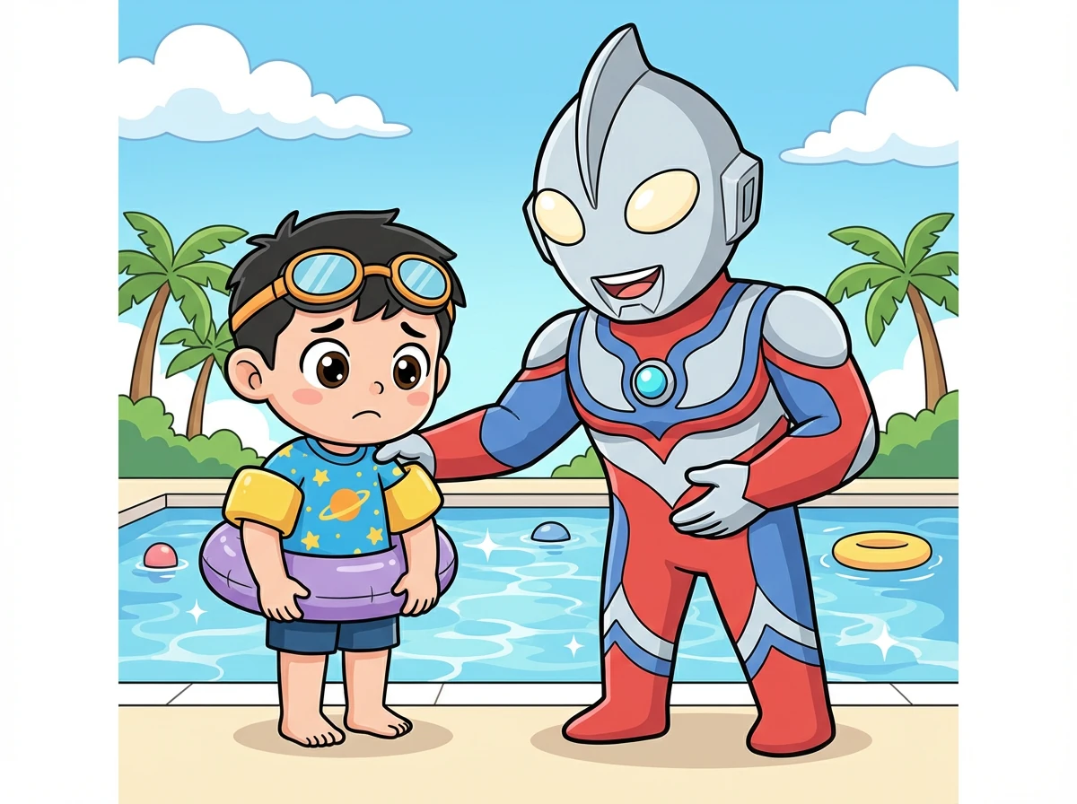 阳光明媚的早晨，小明站在游泳池边，紧张地看着水面。银河奥特曼微笑着走过来，高大的身影显得格外可靠。“别怕，小明，”奥特曼说，“今天我们一起学习游泳。”