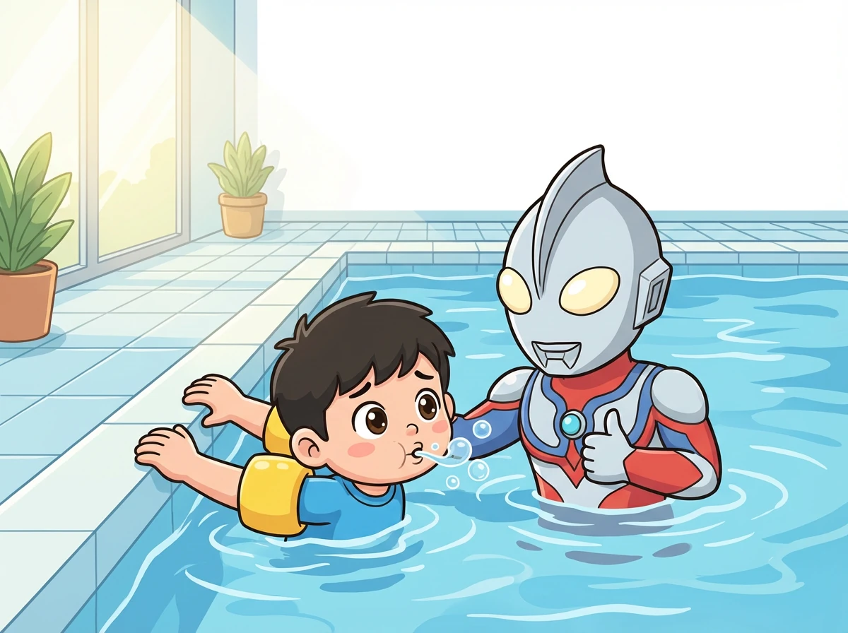 银河奥特曼先教小明如何在水中呼吸。他让小明扶着池边，练习将脸埋入水中，吐出气泡。小明一开始有些害怕，但在奥特曼的鼓励下，他慢慢地适应了。