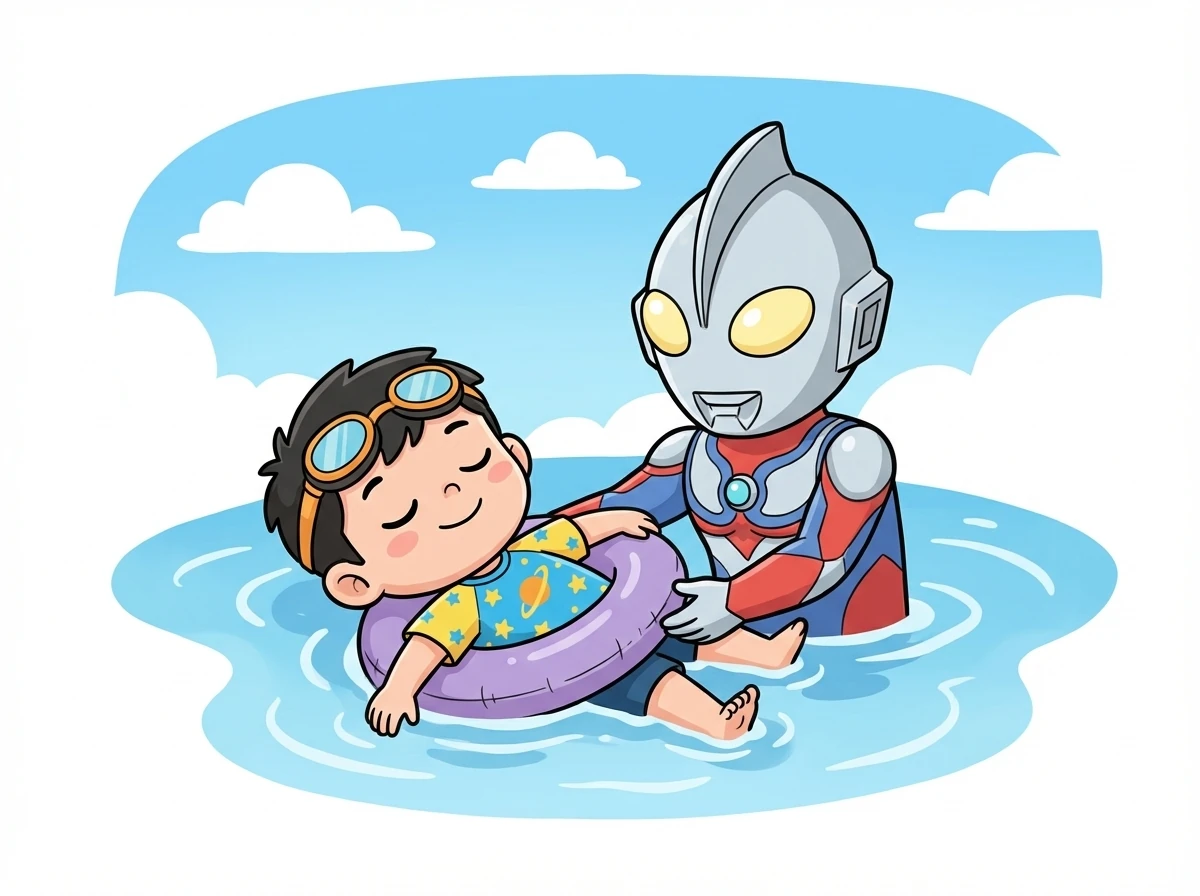 接下来，银河奥特曼教小明如何漂浮。他让小明放松身体，像一片叶子一样躺在水面上。奥特曼用手轻轻托着小明的背，帮助他保持平衡。