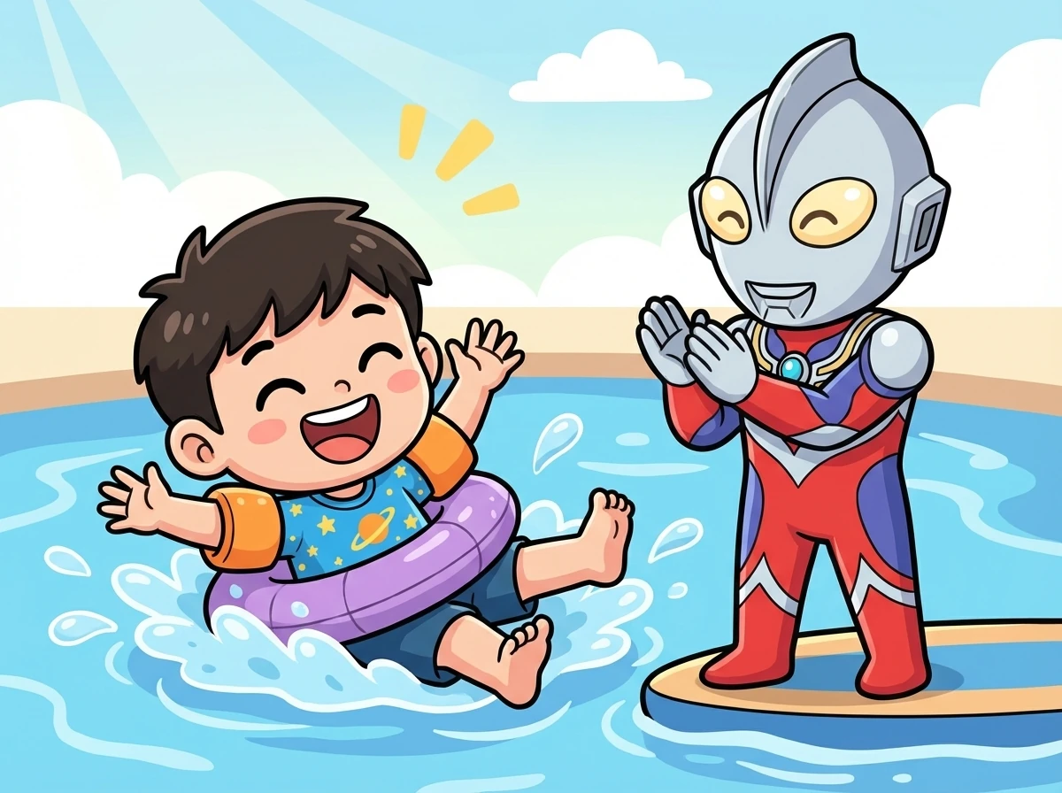 小明终于学会了漂浮！他开心地在水面上手舞足蹈，银河奥特曼在一旁为他鼓掌。“你做得真棒，小明！”奥特曼夸奖道。