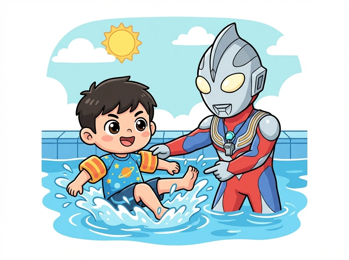 银河奥特曼开始教小明打水。他让小明双腿并拢，像鱼儿一样摆动。小明努力地模仿着，水花溅得四处都是。