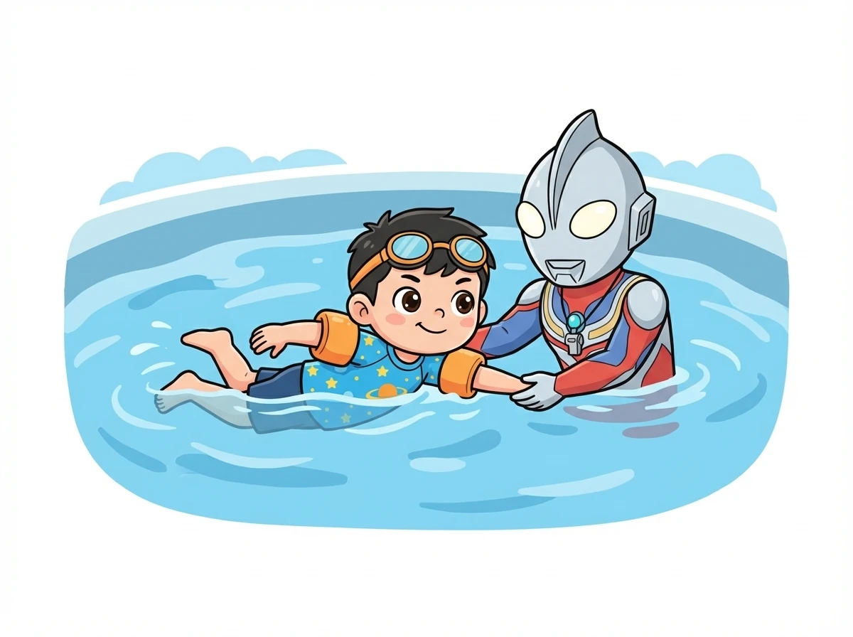 小明渐渐掌握了打水的技巧，他开始尝试向前游动。银河奥特曼在水中引导着他，确保他的姿势正确。