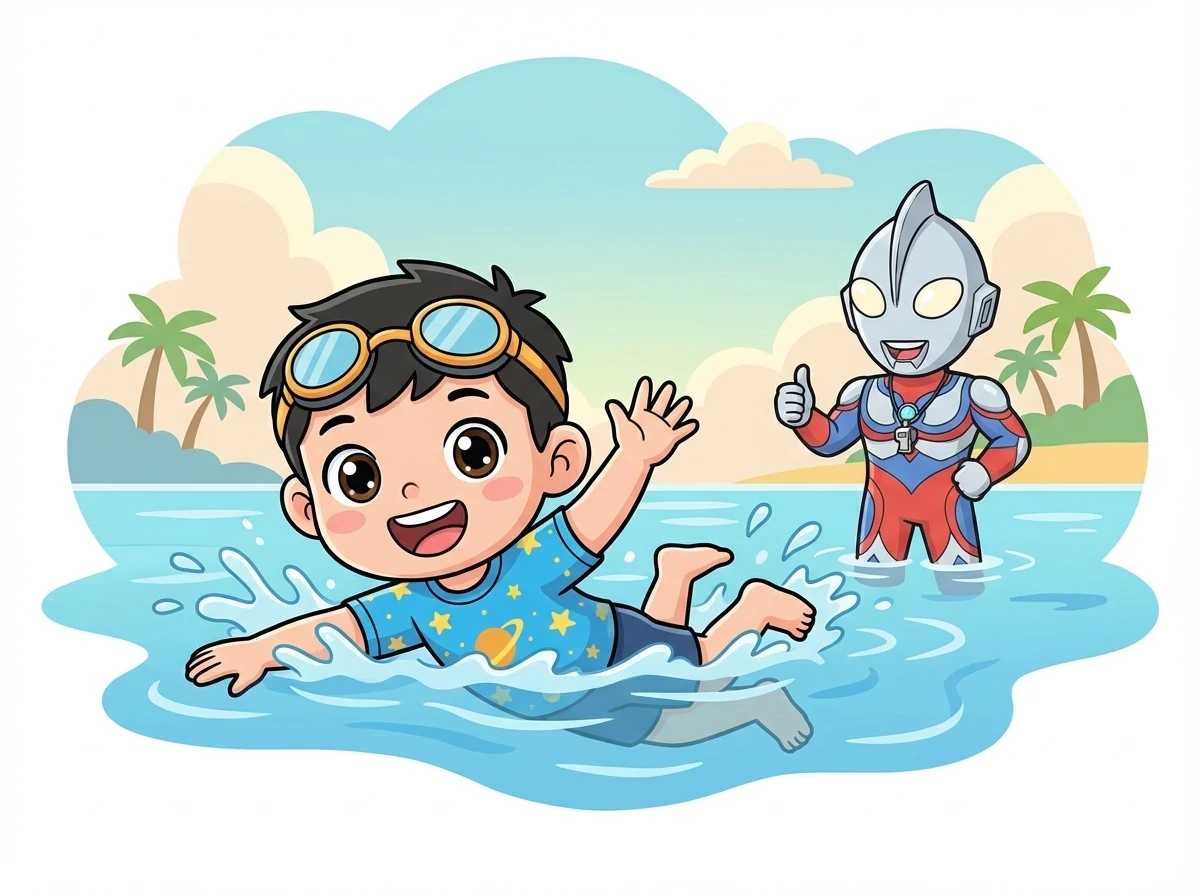 经过一段时间的练习，小明已经可以自己游一小段距离了。他兴奋地向银河奥特曼挥手，脸上洋溢着自豪的笑容。