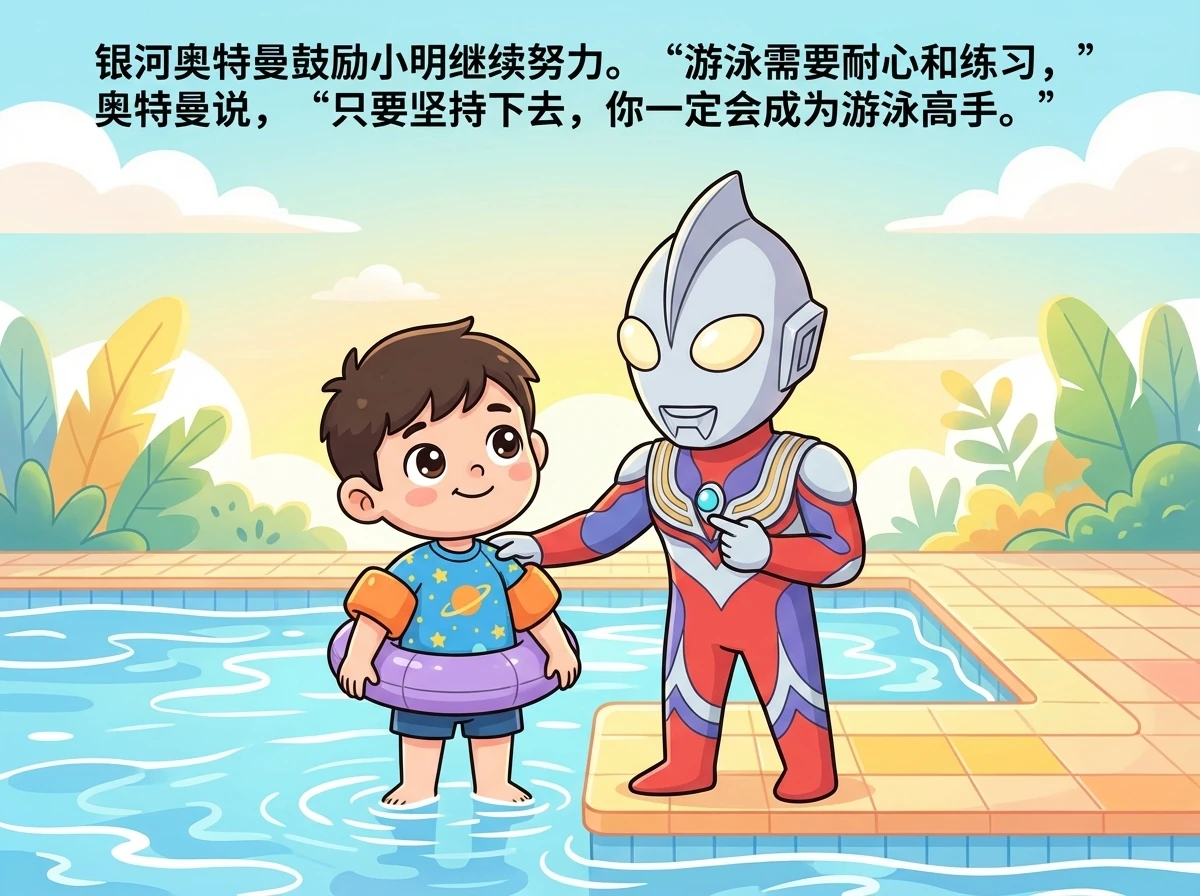 银河奥特曼鼓励小明继续努力。“游泳需要耐心和练习，”奥特曼说，“只要坚持下去，你一定会成为游泳高手。”