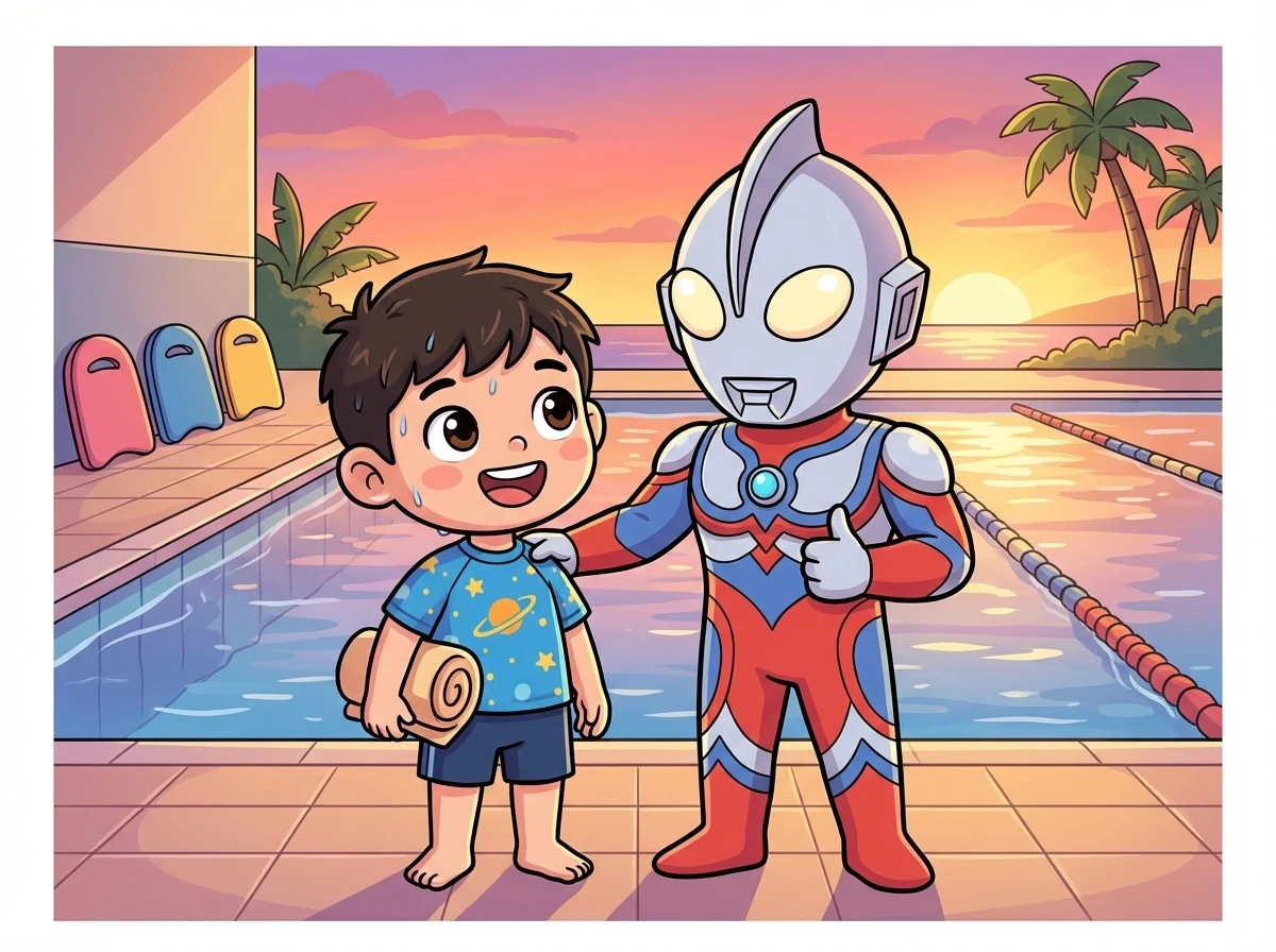 夕阳西下，小明和银河奥特曼结束了今天的游泳课。小明已经不再害怕水，反而爱上了游泳这项运动。他感谢银河奥特曼的耐心教导，也为自己的进步感到骄傲。
