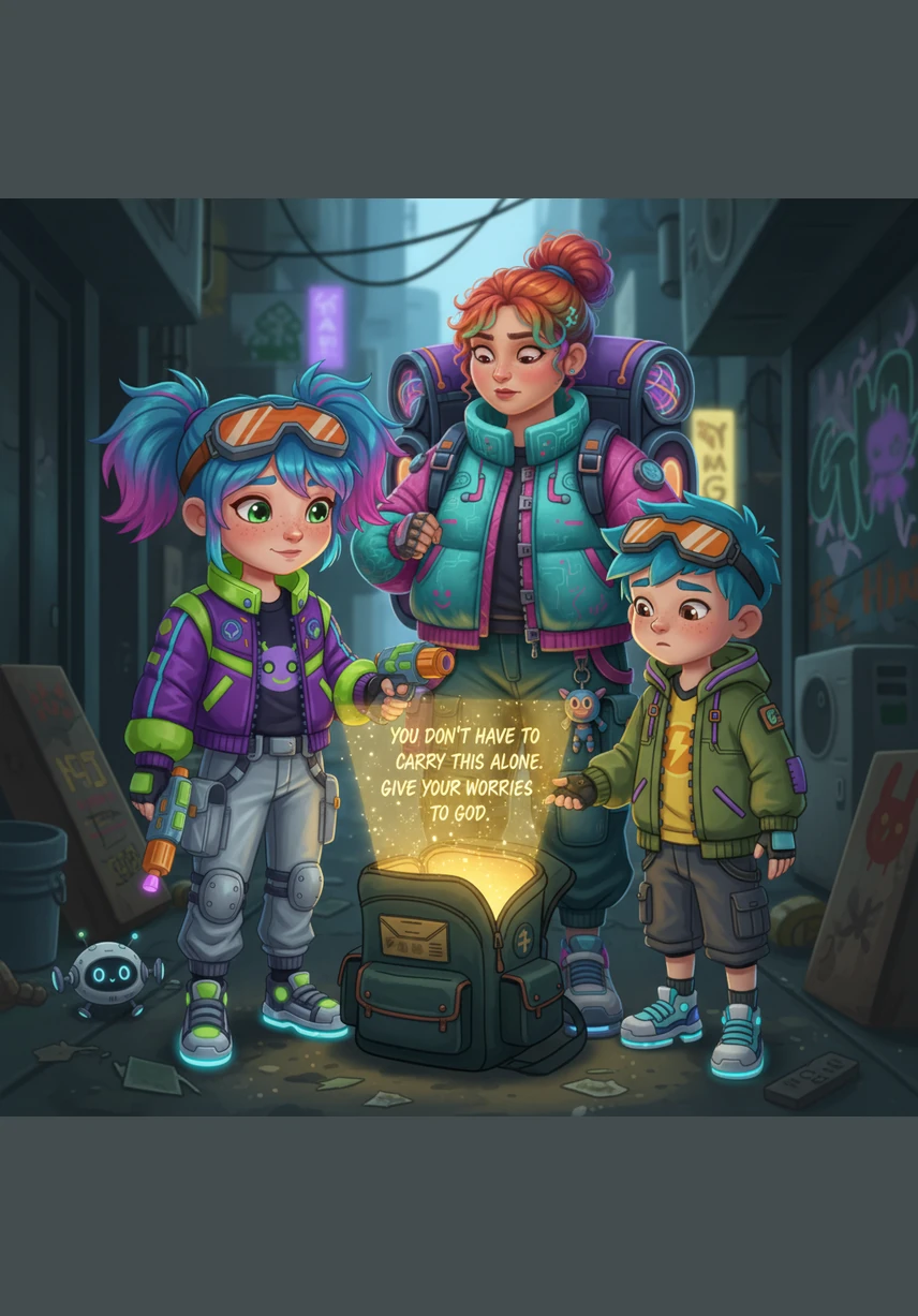 Suddenly, a soft golden light flickered from the bottom of the bag, cutting through the shadows. A small, glowing note appeared, shimmering with warmth and carrying a message that said, You don't have to carry this alone. Give your worries to God.