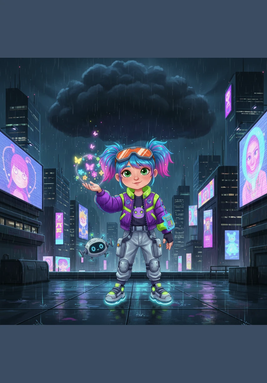 Next, Mia turned her attention to the dark, drizzling rain cloud that had been making her feel so sad. Under the touch of a warm, heavenly light, the storm vanished, leaving behind a fluffy white cloud that floated upward like a piece of cotton candy.