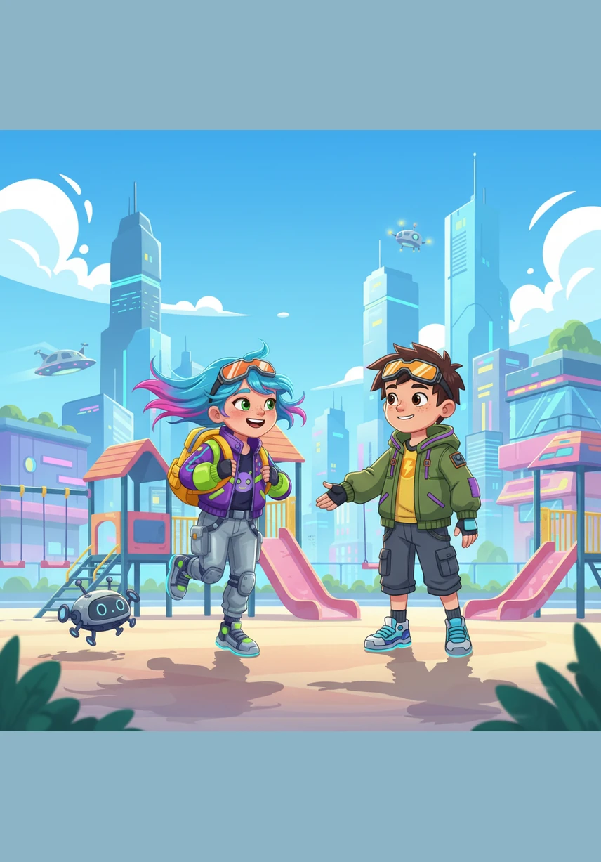 Out on the playground, the sun shone brightly as Mia ran toward Leo with a wide, radiant smile. Her yellow backpack no longer dragged behind her; instead, it looked light and bouncy, moving perfectly with every happy skip she took.